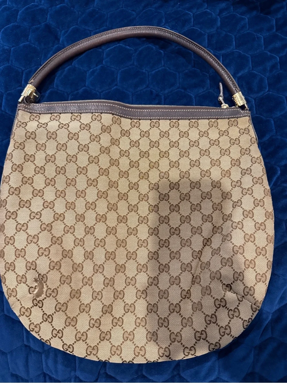 Gucci Beige Monogram Canvas Shoulder Bag with Brown Trim
